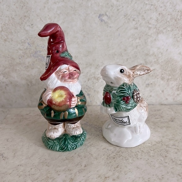 Fitz and Floyd Woodland Bunny Rabbit & Elf Gnome Salt & Pepper Shakers 1991 - Picture 1 of 5